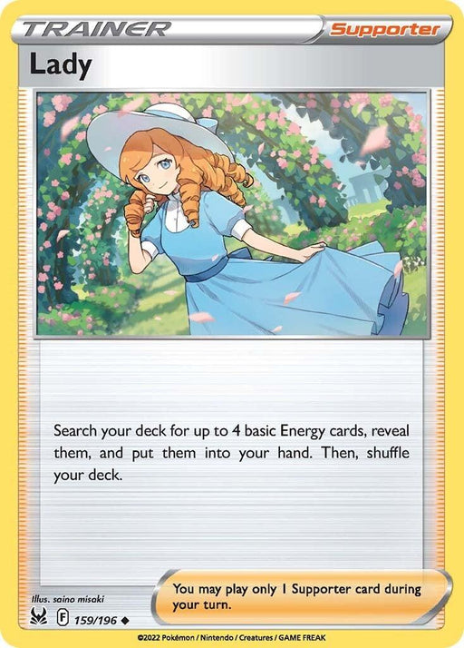 A Pokémon Trainer card titled "Lady (159/196) [Sword & Shield: Lost Origin]" by Pokémon. This Supporter card features an illustration of a woman with long, wavy ginger hair, wearing a blue dress and a matching hat. She stands in a flower field, holding her hat as petals blow in the wind. The card text details its function within the game.