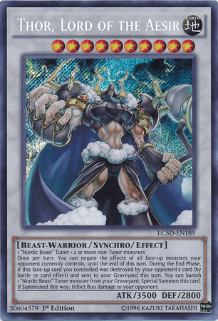 A Yu-Gi-Oh! trading card featuring "Thor, Lord of the Aesir [LC5D-EN189] Secret Rare." The Secret Rare card showcases an imposing Synchro/Effect Monster with a robust build, holding a large hammer amidst swirling clouds. With an ATK of 3500 and DEF of 2800, it requires a Nordic Beast Tuner to unleash its powerful abilities.