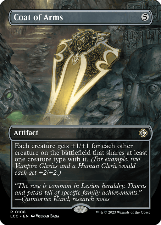 A rare Magic: The Gathering card named "Coat of Arms (Borderless) [The Lost Caverns of Ixalan Commander]" with a casting cost of 5 colorless mana. This artifact's effect grants each creature +1/+1 for every other creature sharing a type. The card showcases intricate decorative shields amidst stone faces, with a quote from Quintorius Kand's research notes.