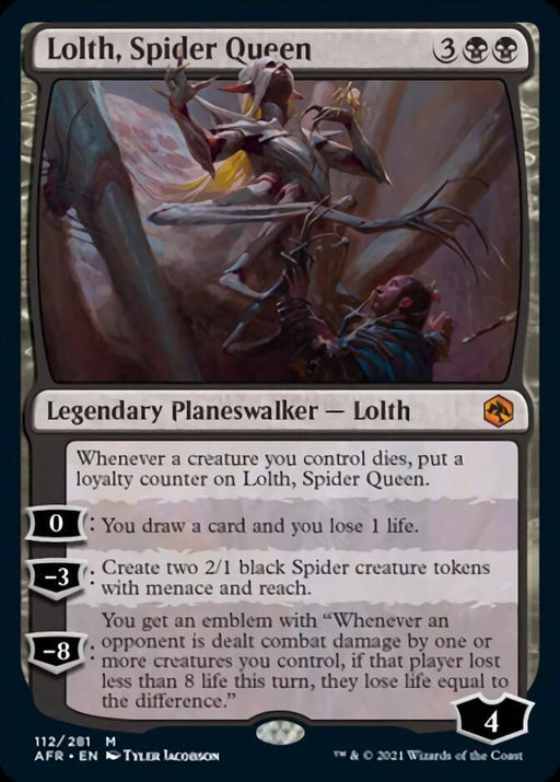 Image of a Magic: The Gathering card "Lolth, Spider Queen [Dungeons & Dragons: Adventures in the Forgotten Realms]." This legendary planeswalker, costing 3 generic mana plus 2 black mana, features Lolth, a spider-like queen with a loyalty of 4. The card's three abilities are detailed in white text on a black background.
