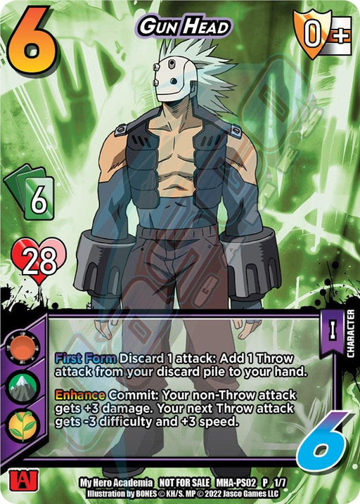 A UniVersus promo card featuring the character Gun Head. Gun Head has a muscular build and is wearing a tactical suit with a white, helmet-like mask featuring two antennae. Card details: Orange difficulty level 6, green control value of 6, 28 vitality points, and various abilities including a powerful throw attack described in blue and orange text. Product Name: Gun Head [Crimson Rampage Promos]