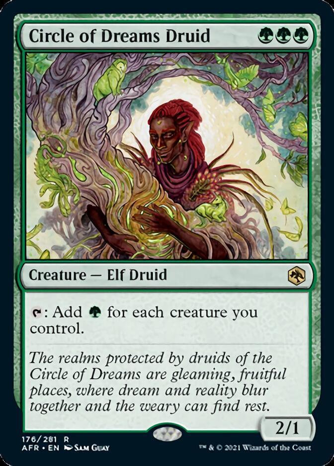 Rare trading card titled "Circle of Dreams Druid [Dungeons & Dragons: Adventures in the Forgotten Realms]" featuring a Dungeons & Dragons elf druid encased in green vines and flowers with a glowing, magic aura. Text reads, "T: Add G for each creature you control." The card's bottom left shows "176/281 AFR-EN Sam Guey ©2021 Wizards of the Coast." Stats: 2 Power/1

Brand Name: Magic: The Gathering