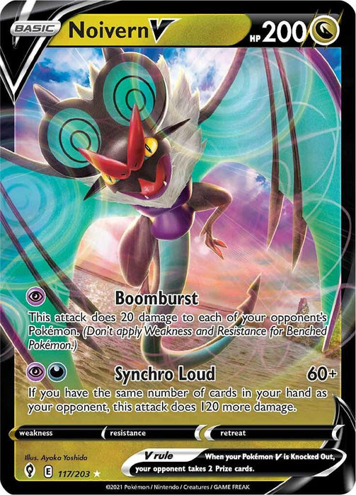 A Pokémon trading card featuring Noivern V (117/203) [Sword & Shield: Evolving Skies] with 200 HP from the Evolving Skies set. This Ultra Rare card has two powerful attacks: Boomburst, which deals 20 damage to each of the opponent's Pokémon, and Synchro Loud, which inflicts 60+ damage, adding 120 if you have the same number of cards in hand as your opponent.