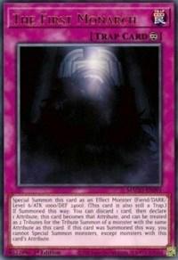 The image shows the Yu-Gi-Oh! card "The First Monarch [MAGO-EN091] Rare," a purple-bordered Continuous Trap card. The center features a mysterious, dark figure emerging from shadows with faint light illuminating the scene. The card's description and stats are visible in the lower, lighter section.