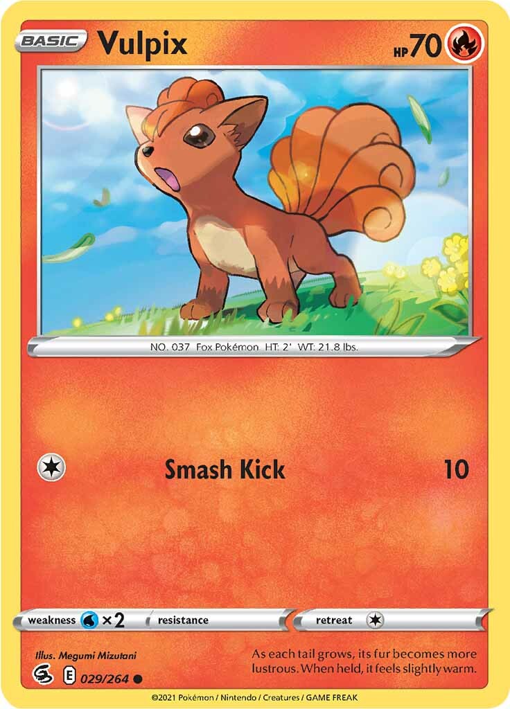 A Pokémon card from the Sword & Shield: Fusion Strike series featuring Vulpix (029/264), a small, fox-like creature with a red-orange coat and six curled tails. This Fire-type Vulpix has an HP of 70 and the move 