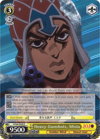 A rare character card featuring an illustrated character with a stern expression, wearing headgear with a pattern. Text on the card reads "Heavy Gunshots, Mista (JJ/S66-E008 R) [JoJo's Bizarre Adventure: Golden Wind]," and includes various abilities and stats. The background is a gold gradient with intricate patterns and the Bushiroad logo.