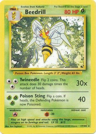 A Rare Beedrill (17/102) [Base Set Unlimited] Pokémon card from the Base Set Unlimited series with 80 HP. This Grass Type Pokémon evolves from Kakuna and is depicted as a yellow and black insect with large wings. It features two moves: 