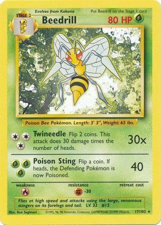 A Rare Beedrill (17/102) [Base Set Unlimited] Pokémon card from the Base Set Unlimited series with 80 HP. This Grass Type Pokémon evolves from Kakuna and is depicted as a yellow and black insect with large wings. It features two moves: "Twineedle" (30x damage) and "Poison Sting" (40 damage), set against a green background with colorful graphics.