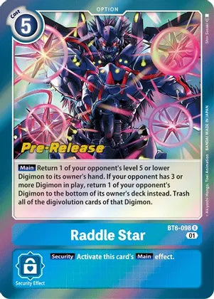 The image features a rare Digimon card called "Raddle Star [BT6-098]" from the Double Diamond Pre-Release series. It showcases a menacing Digimon adorned with sharp, mechanical armor and glowing red eyes. The 5-cost card highlights detailed game instructions and effects set against a striking purple and blue gradient background.