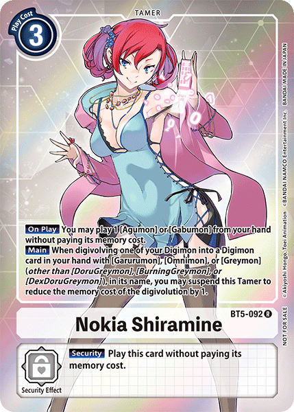 A trading card of Nokia Shiramine [BT5-092] (Buy-A-Box Promo) [Battle of Omni Promos] from the Digimon game. She has red hair, a pink top, blue jacket, and is making a confident pose. The card has a play cost of 3, the main and security effects are detailed, and it’s identified as BT5-092 C.