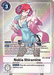 A trading card of Nokia Shiramine [BT5-092] (Buy-A-Box Promo) [Battle of Omni Promos] from the Digimon game. She has red hair, a pink top, blue jacket, and is making a confident pose. The card has a play cost of 3, the main and security effects are detailed, and it’s identified as BT5-092 C.