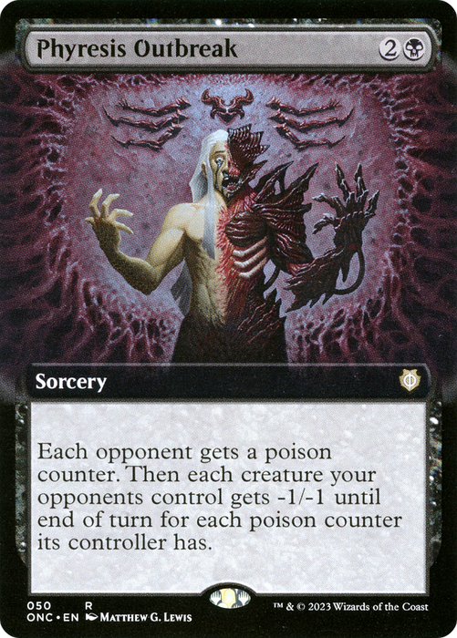 A Magic: The Gathering card titled "Phyresis Outbreak (Extended Art)" from the Phyrexia: All Will Be One Commander set. This Rare Sorcery's illustration depicts a grotesque, half-human Phyrexian infection against a dark and foreboding background. Its text reads: "Each opponent gets a poison counter..." It costs 2 black and 1 generic mana to cast.
