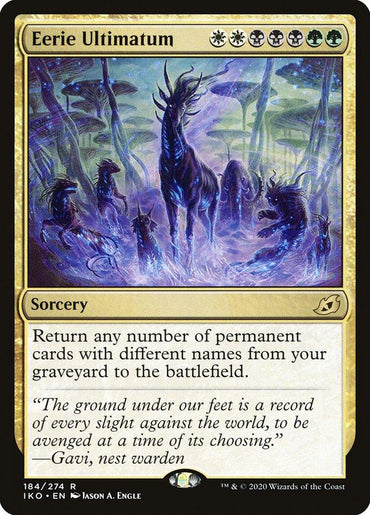 An Eerie Ultimatum [Ikoria: Lair of Behemoths] from Magic: The Gathering. This rare sorcery features a spectral deer-like creature in a dark, misty forest with swirling spirits. Black, green, and white mana symbols align with its ability to return multiple cards from the graveyard to the battlefield.