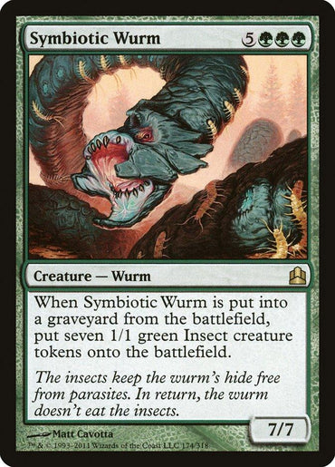 The image is a Magic: The Gathering card from Commander 2011, named "Symbiotic Wurm [Commander 2011]." It costs 5GGG (5 generic, 3 green mana), is a creature type (Wurm), and has a power and toughness of 7/7. When it goes to the graveyard, it creates seven 1/1 green Insect creature tokens. The illustrated