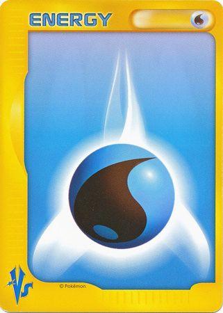 A common Pokémon trading card featuring Water and Darkness Energy against a blue and white gradient background. The card is predominantly yellow with "ENERGY" written at the top in blue. The bottom corner has a "VS" symbol, and the central graphic is a black and blue water droplet symbol with a white glow. This describes the Pokémon Water Energy (JP VS Set) [Miscellaneous Cards].