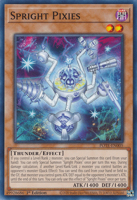 A Yu-Gi-Oh! trading card titled "Spright Pixies [POTE-EN005] Common" from the Power of the Elements set. This Effect Monster features a small, dark-attributed fairy-like creature with two orange stars, dark wings, and a mechanized orb with robotic arms. Text below describes its attributes and effects. The card has 1400 ATK and 1400 DEF.