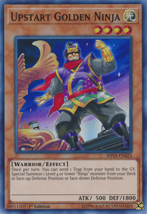A Yu-Gi-Oh! trading card named "Upstart Golden Ninja [SHVA-EN023] Super Rare," featured in Shadows in Valhalla. This Super Rare card displays a golden-armored ninja with purple clothes, a large blue cape, and a shining fist. The 4-star Warrior/Effect Monster boasts 500 ATK and 1800 DEF, with an effect involving summoning a "Ninja" monster.