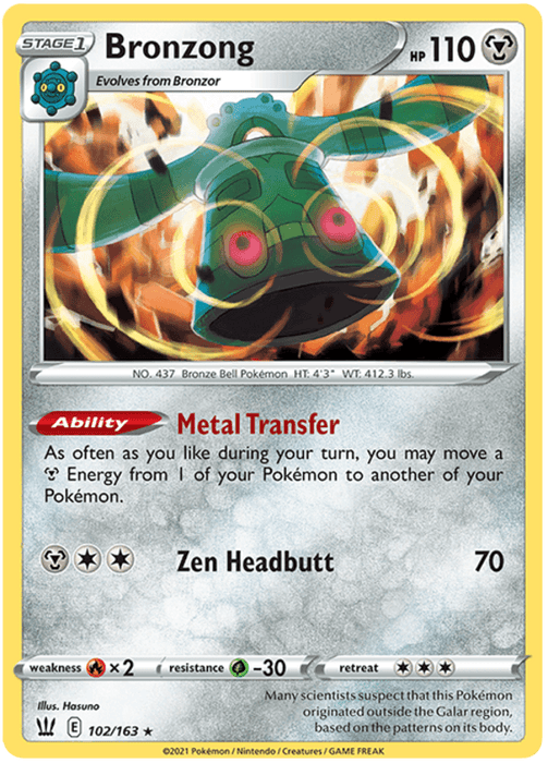 A Pokémon Bronzong (102/163) [Sword & Shield: Battle Styles] trading card featuring Bronzong from the Sword & Shield Battle Styles set. It is a gray, bell-shaped creature with green and red details. This Holo Rare card shows its stats: 110 HP, Metal Transfer ability, and Zen Headbutt attack inflicting 70 damage. Its type is Metal with a weakness to Fire and resistance to Grass. Card number 102/163