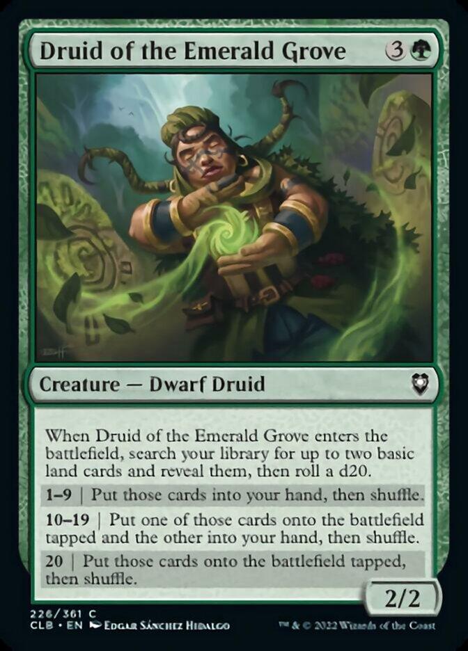 The Magic: The Gathering card "Druid of the Emerald Grove" from the Commander Legends: Battle for Baldur's Gate set portrays a Dwarf Druid casting a spell. This 2/2 creature card costs 3G and lets you search for land cards while also giving you the chance to roll a d20 for additional effects. The artwork is created by Edgar Sánchez Hidalgo.