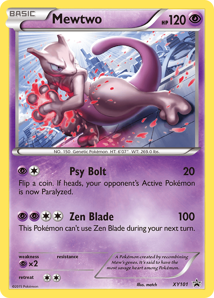 A Pokémon trading card featuring Mewtwo (XY101) [XY: Black Star Promos], a purple, bipedal Pokémon with a long, curved tail. The top-left corner displays 