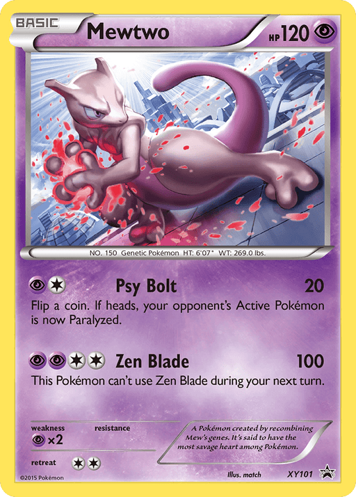 A Pokémon trading card featuring Mewtwo (XY101) [XY: Black Star Promos], a purple, bipedal Pokémon with a long, curved tail. The top-left corner displays "Basic" and a "Psychic" symbol. This Promo card has 120 HP and two attacks: "Psy Bolt" and "Zen Blade." The bottom section includes its number (XY101), retreat cost, and Black Star Promos detail.