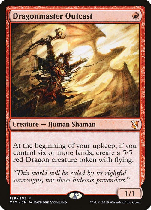 A Magic: The Gathering card titled "Dragonmaster Outcast [Commander 2019]" showcases a mythic human shaman wielding a staff, summoning a dragon-like creature in a fiery landscape. The card text highlights the creature's ability to create 5/5 red Dragon creature tokens if you control six or more lands.