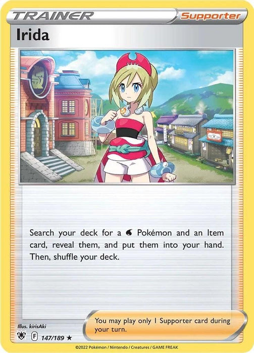 A Pokémon trading card from the Astral Radiance set featuring Irida as the Supporter card. Irida is depicted with light blonde hair, a red headband, and a red and white outfit. The card text describes her ability to search for a Water-type Pokémon and an item card, reveal them, and shuffle the deck. Card number 147/189.

Irida (147/189) (Theme Deck Exclusive) [Sword & Shield: Astral Radiance] - Pokémon
