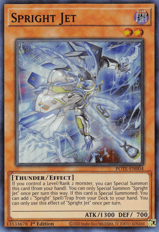 Image of a Yu-Gi-Oh! trading card named "Spright Jet [POTE-EN004] Super Rare." This Super Rare Effect Monster has 1300 Attack Points and 700 Defense Points, featuring a futuristic, armored figure in a dynamic pose with blue and white energy emanating around it. The card belongs to the THUNDER/EFFECT category with specific summoning conditions and effects detailed in its text box.