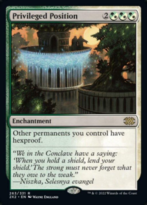 A Magic: The Gathering card from Double Masters 2022, "Privileged Position [Double Masters 2022]," is an Enchantment costing 2 generic, 2 green, and 1 white mana. The card reads, "Other permanents you control have hexproof." The illustration depicts a glowing, treehouse-like structure in a Selesnya-themed forest.