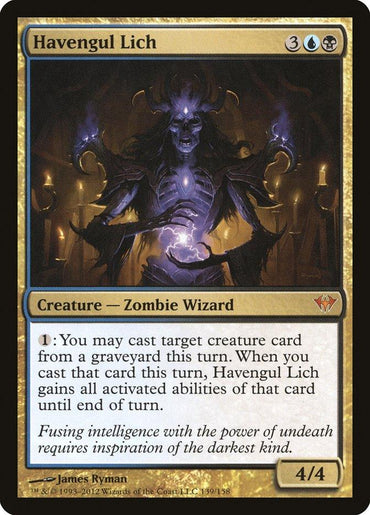 A depiction of a Magic: The Gathering card named "Havengul Lich" from the Dark Ascension set, featuring a Mythic Zombie Wizard. It illustrates a mysterious figure with glowing eyes and hands, surrounded by black and gold borders. The card has a mana cost of 3 colorless, 1 blue, and 1 black, detailed abilities, and boasts a power/toughness rating of 4/4.