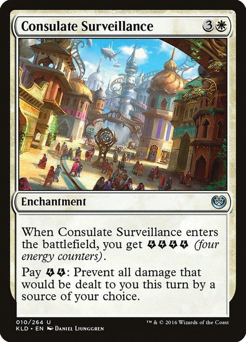 The image is of a Magic: The Gathering card named "Consulate Surveillance [Kaladesh]." With a casting cost of 3 colorless mana and 1 white mana, this enchantment hails from Kaladesh. It features vibrant marketplace artwork and grants energy counters upon entering the battlefield to prevent damage.