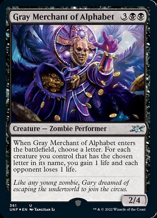 A "Magic: The Gathering" card titled "Gray Merchant of Alphabet (Galaxy Foil) [Unfinity]." The card features intricate artwork from the Unfinity set, depicting a regal zombie performer in ornate purple robes with golden accents, holding a lit candelabrum. It costs 3 colorless and 2 black mana and has 2 power and 4 toughness.