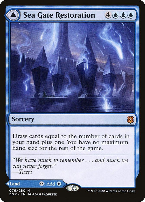 A Magic: The Gathering card titled "Sea Gate Restoration // Sea Gate, Reborn [Zendikar Rising]". This mythic sorcery, costing 4 generic and 3 blue mana, features artwork of a mystical, illuminated sea gate surrounded by blue structures and lightning. The text box details the card's draw ability and rules.