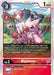 A Digimon trading card for the character "Biyomon [BT11-007] [Dimensional Phase]" from the brand Digimon. The card showcases Biyomon, a Vaccine-type bird-like creature, with a girl in pink clothing, a dog, and a small monster against a colorful background. Detailed stats, abilities, and multiple logos are also visible on the card.