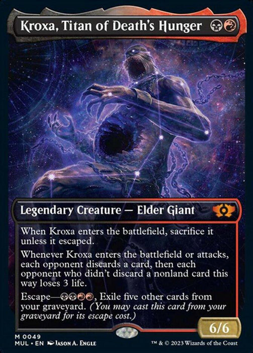A collectible Magic: The Gathering card titled "Kroxa, Titan of Death's Hunger [Multiverse Legends]." It shows a monstrous figure emerging from a cosmic background. Card details: Legendary Creature – Elder Giant from the Multiverse Legends series, with a mana cost of one black and one red. Power/Toughness: 6/6.
