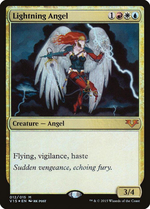 Magic: The Gathering card "Lightning Angel [From the Vault: Angels]" depicts a winged angel with armor and a sword, ready for battle amid dark clouds and lightning. The card has a gold border and the text "Flying, vigilance, haste" along with its power and toughness, 3/4.