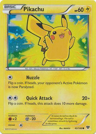 A common Pokémon trading card featuring Pikachu, a yellow, mouse-like creature with pointed ears and a tail shaped like a lightning bolt. The card has yellow borders and displays Pikachu's moves: "Nuzzle" and "Quick Attack." It is numbered 42/146 and has 60 HP. This product is the Pikachu (42/146) (2014 Movie Promo) [Miscellaneous Cards] by Pokémon.