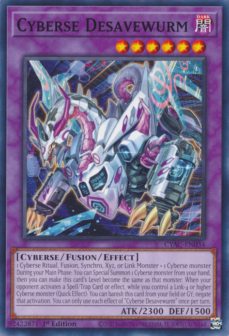 An intricate illustration of the "Cyberse Desavewurm [CYAC-EN034] Common" Yu-Gi-Oh! card. The card features a Fusion/Effect Monster mechanical dragon with purple and blue armor, glowing yellow accents, and transparent wings. The card text below describes its attributes and Quick Effects. It has 2300 Attack and 1500 Defense points.