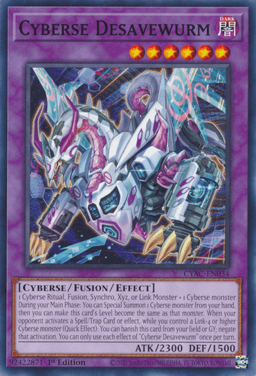 An intricate illustration of the "Cyberse Desavewurm [CYAC-EN034] Common" Yu-Gi-Oh! card. The card features a Fusion/Effect Monster mechanical dragon with purple and blue armor, glowing yellow accents, and transparent wings. The card text below describes its attributes and Quick Effects. It has 2300 Attack and 1500 Defense points.