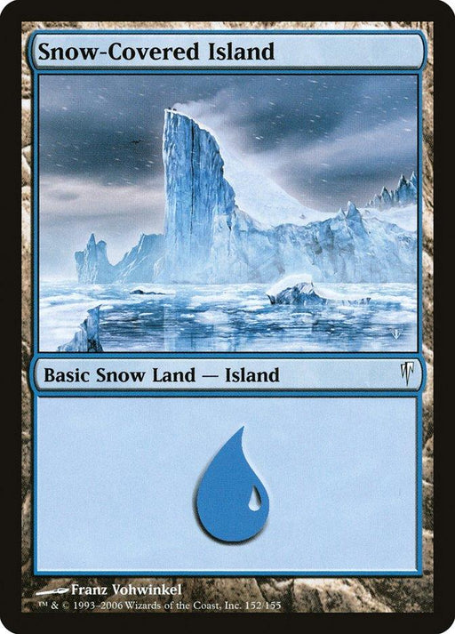 A Magic: The Gathering product titled "Snow-Covered Island [Coldsnap]" from the Coldsnap set. The artwork, by Franz Vohwinkel, depicts a cold, icy landscape with a towering blue glacier in the center. The card frame is bordered in black and labeled as a "Basic Snow Land — Island," featuring a blue water drop symbol at the bottom.