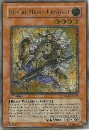 The image shows the Yu-Gi-Oh! trading card "Koa'ki Meiru Urnight [ABPF-EN025] Ultimate Rare." It's a 1st Edition card featuring artwork of a knightly beast warrior with armor and shield. This EARTH, 4-star Effect Monster boasts an ATK of 2000 and DEF of 1500, with its effect text...