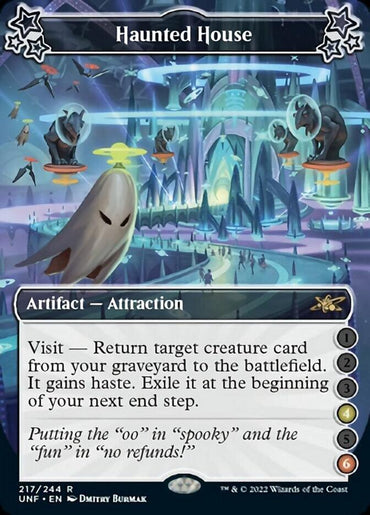 A rare "Haunted House (4-6) [Unfinity]" card from Magic: The Gathering. It shows ghostly figures floating inside a spooky, whimsical building with glowing teal and purple lights. This card offers game mechanics for visiting and reviving a creature card in Wizards of the Coast's 2022 UNF set.