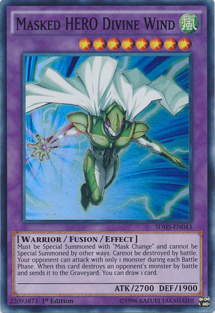 A Yu-Gi-Oh! trading card, Masked Hero Divine Wind [SDHS-EN043] Super Rare, features an 8-star wind-attribute Fusion/Effect Monster with 2700 ATK and 1900 DEF. Illustrated as a green-armored superhero flying through a cloudy blue sky, it uses Mask Change to activate its detailed abilities.