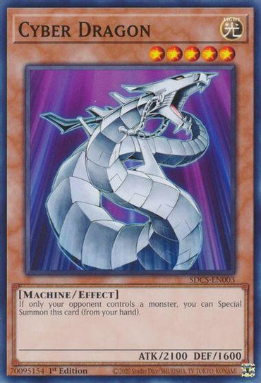 The "Cyber Dragon [SDCS-EN003] Common" Yu-Gi-Oh! trading card from the Yu-Gi-Oh! brand features an image of a silver robotic dragon emerging from an electronic portal, poised for a Cyber Strike. The card has orange stars indicating its level and contains its stats: ATK 2100 and DEF 1600. It's an "Effect Monster" type with a Special Summon ability under specific conditions.