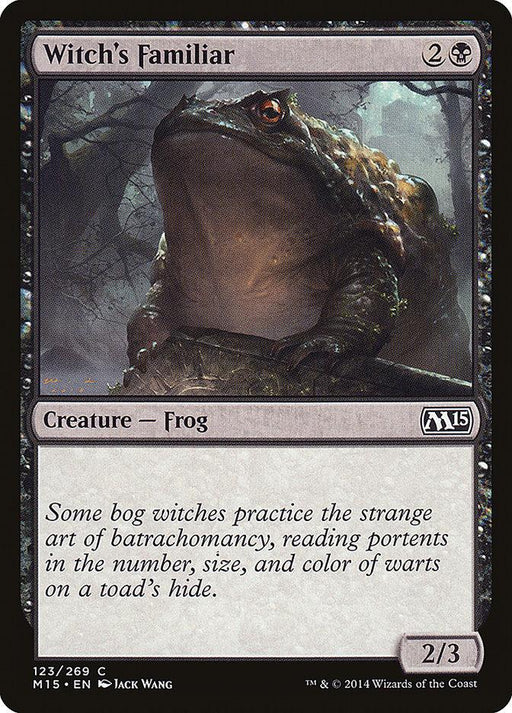 A Magic: The Gathering card named "Witch's Familiar," depicting an imposing toad with a dark, textured hide. The card text reads, "Some bog witches practice the strange art of batrachomancy, reading portents in the number, size, and color of warts on a toad’s hide." It's a common Creature Frog from the Magic 2015 set with a power