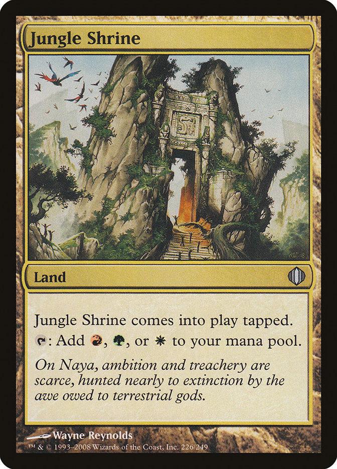 A Magic: The Gathering product titled "Jungle Shrine [Shards of Alara]" from the Shards of Alara set. The Land card's illustration depicts a stone shrine entrance enveloped by dense jungle foliage. Text reads: "Jungle Shrine comes into play tapped. Tap: Add (red), (green), or (white) to your mana pool." Flavor text: "On Naya, ambition and treach