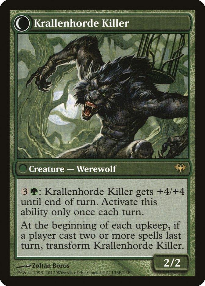 Magic: The Gathering card titled "Wolfbitten Captive // Krallenhorde Killer [Dark Ascension]," a Rare from Dark Ascension. The card features a menacing Creature — Human Werewolf with sharp claws and fangs, leaping against a moonlit background. It has a green border, 2/2 power and toughness, with detailed text about its abilities. Artist credit: Zoltan Boros.