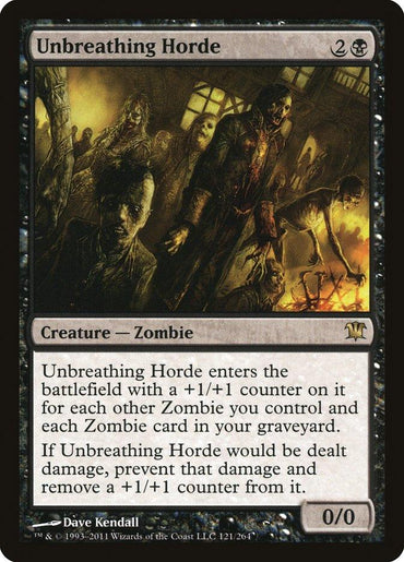 The Magic: The Gathering card "Unbreathing Horde [Innistrad]" costs 2 and a black mana. This Zombie creature has 0/0 power and toughness but enters the battlefield with +1/+1 counters equal to the number of Zombies you control and in your graveyard. The vivid artwork depicts zombies in a dark, eerie setting.