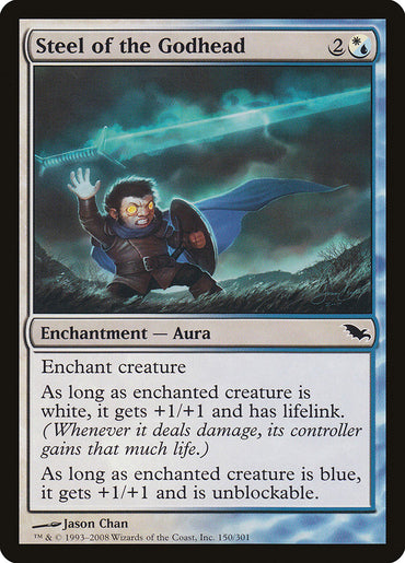 The card titled "Steel of the Godhead [Shadowmoor]" from Magic: The Gathering showcases a small character with glowing eyes donning armor and a blue cape, wielding a large glowing sword. The scene is set against a stormy sky filled with crackling lightning. This enchantment provides aura-infused lifelink abilities to creatures enchanted in white or blue.