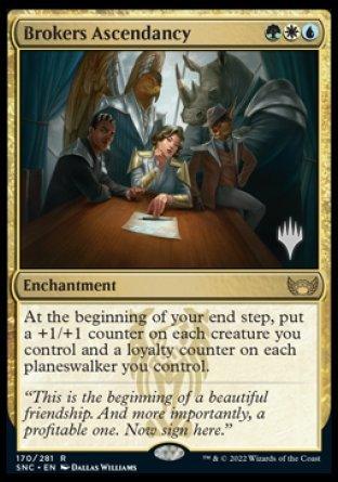 The image shows a Magic: The Gathering card titled "Brokers Ascendancy (Promo Pack) [Streets of New Capenna Promos]" from the Streets of New Capenna Promos. It has an enchantment rarity and costs one green, one white, and one blue mana. The card art features a group of characters gathered around a table. The text reads: "At the beginning of your end step, put a +1/+1 counter